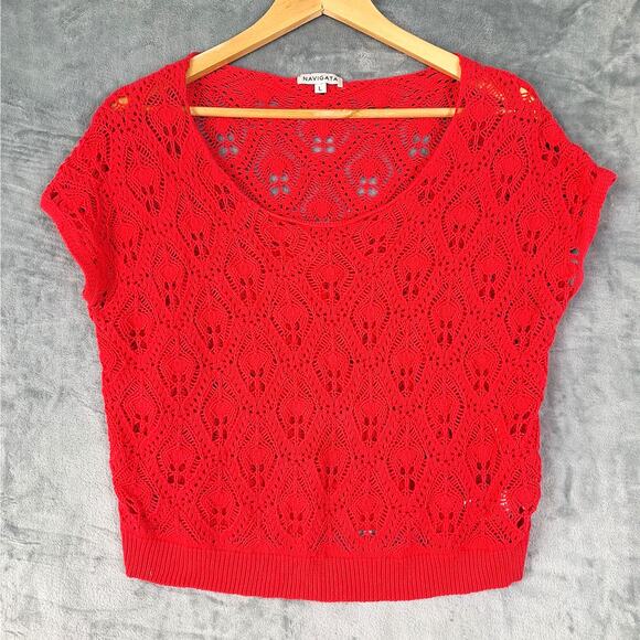 Womens Sweater Large‎ Red Crochet Boho Cottagecore Sheer Casual Peasant Cozy - Picture 1 of 6